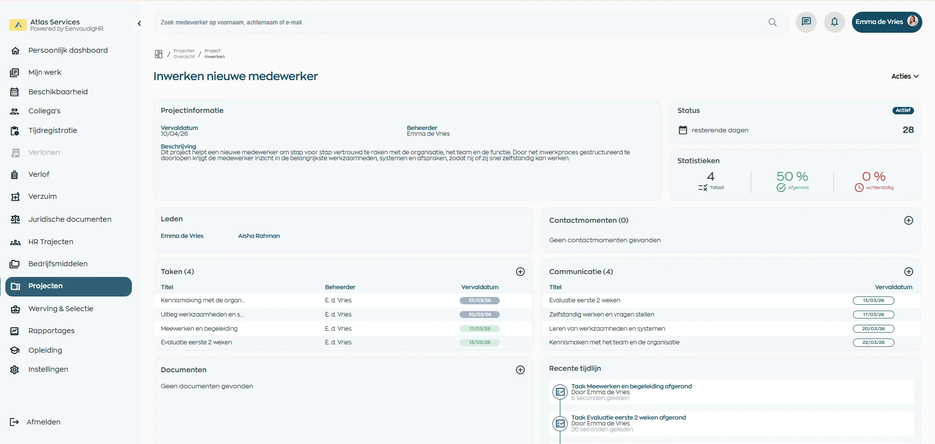 Dashboard met overzicht van projecttaken