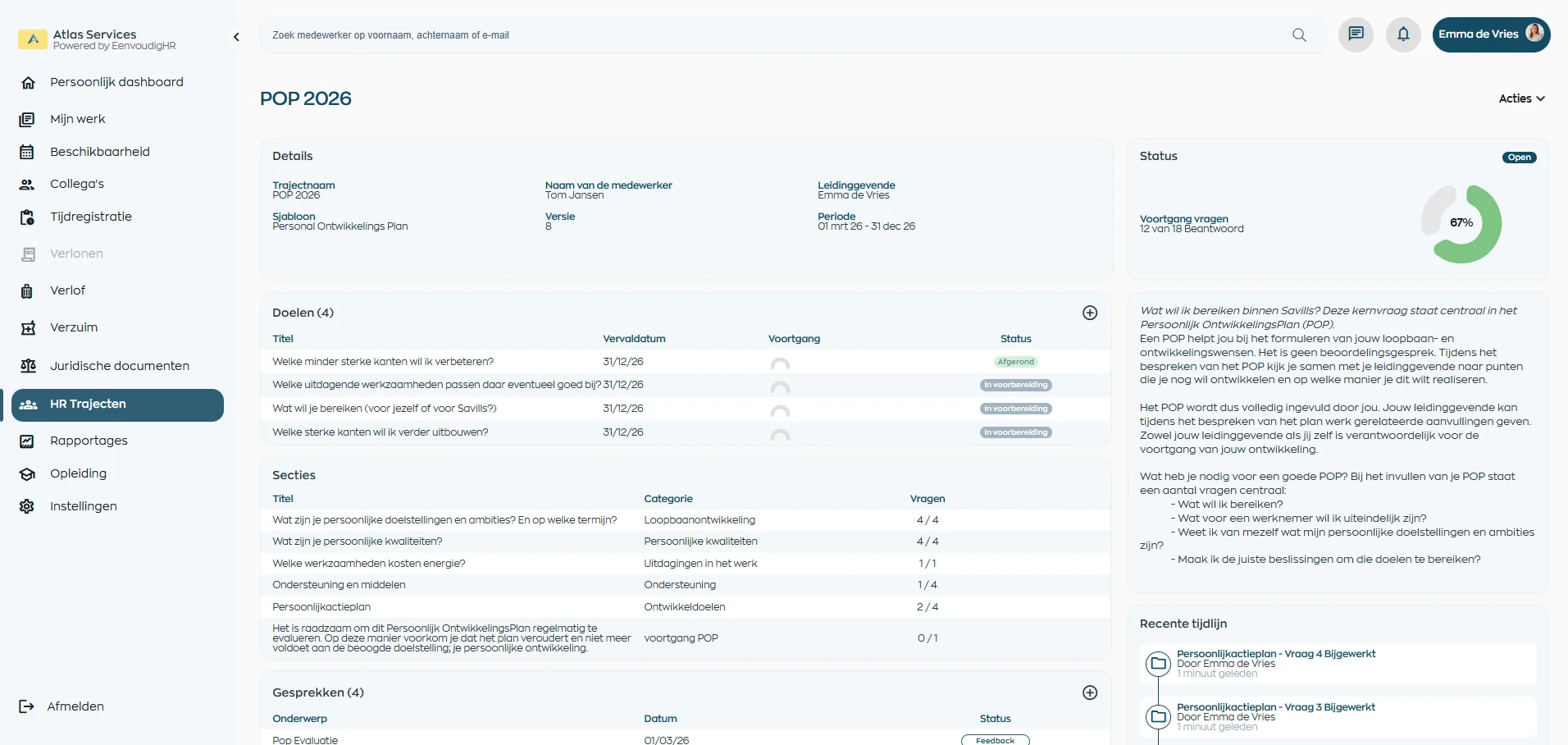 Overzicht van ontwikkeldoelen en HR trajecten