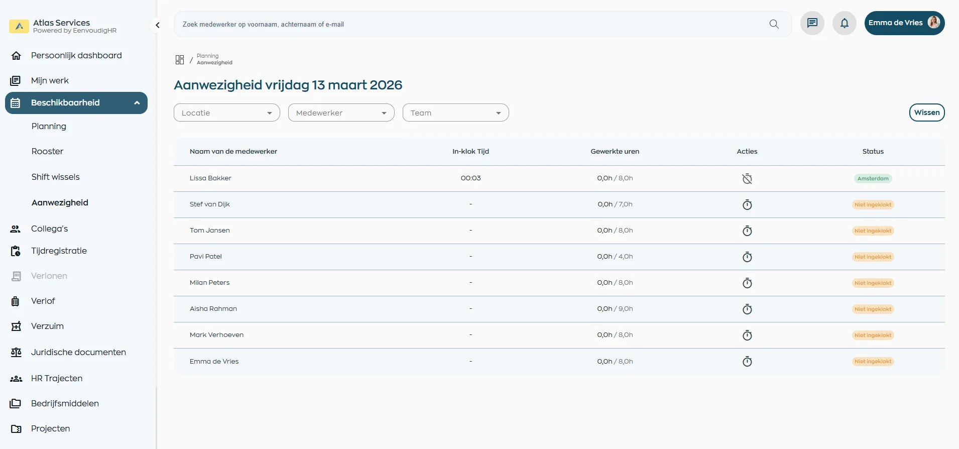 Aanwezigheid en uren zichtbaar in EenvoudigHR Office App