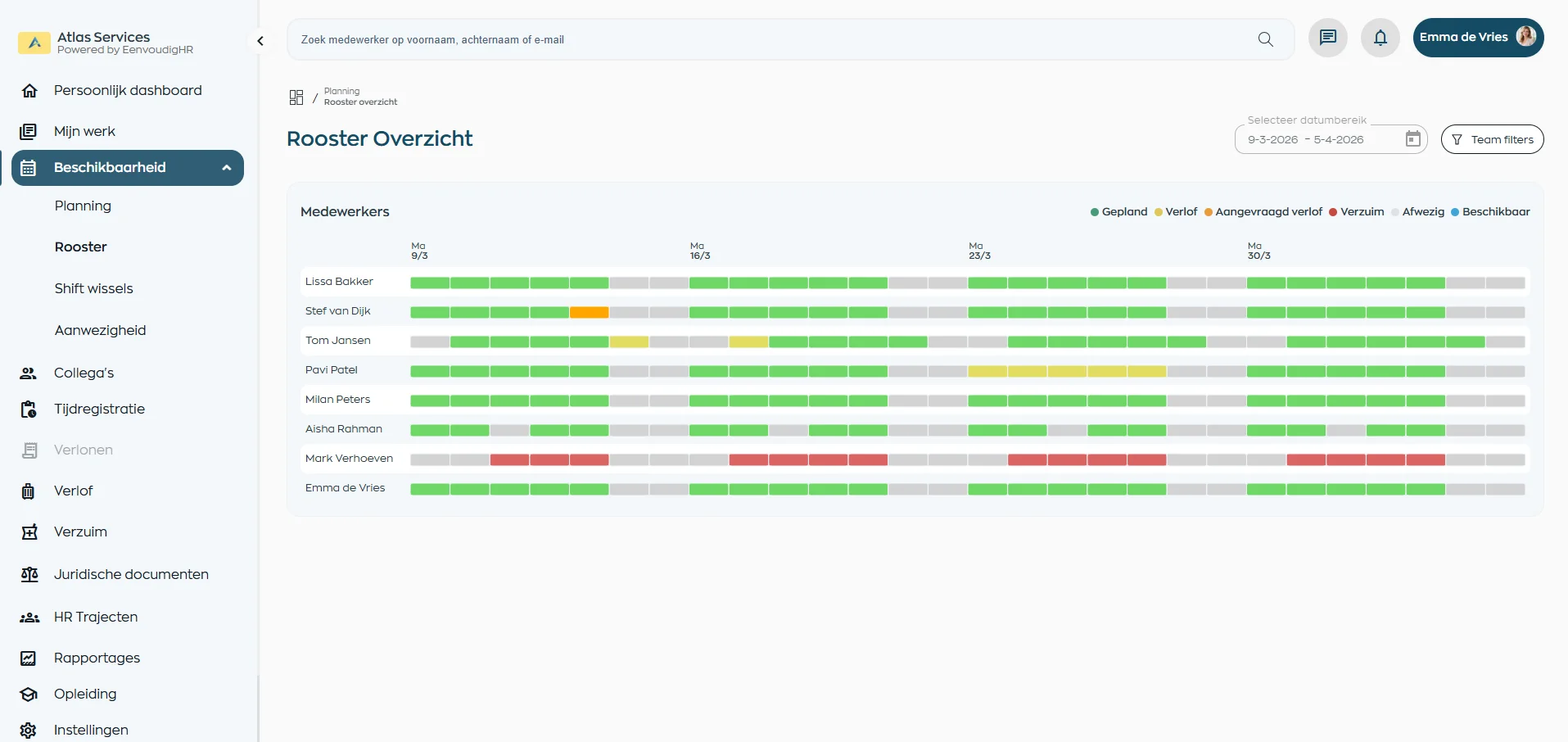 Personeelsplanning overzicht met teams en diensten