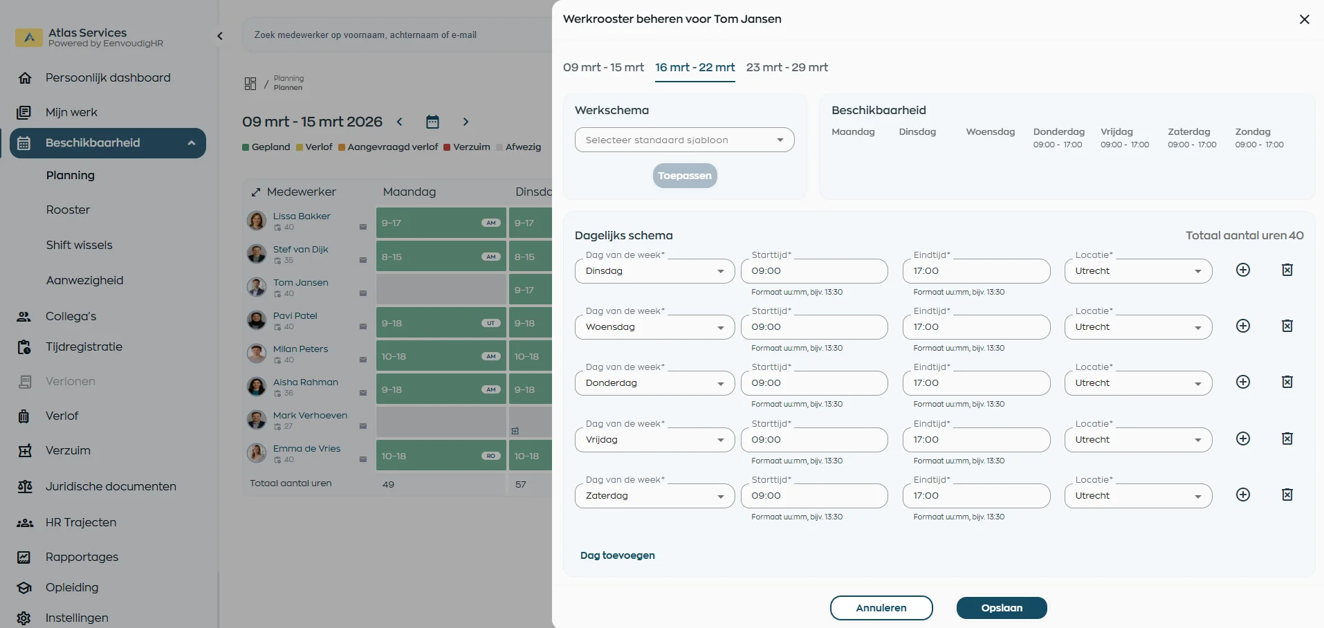 Dienstrooster met vaste structuur en sjablonen