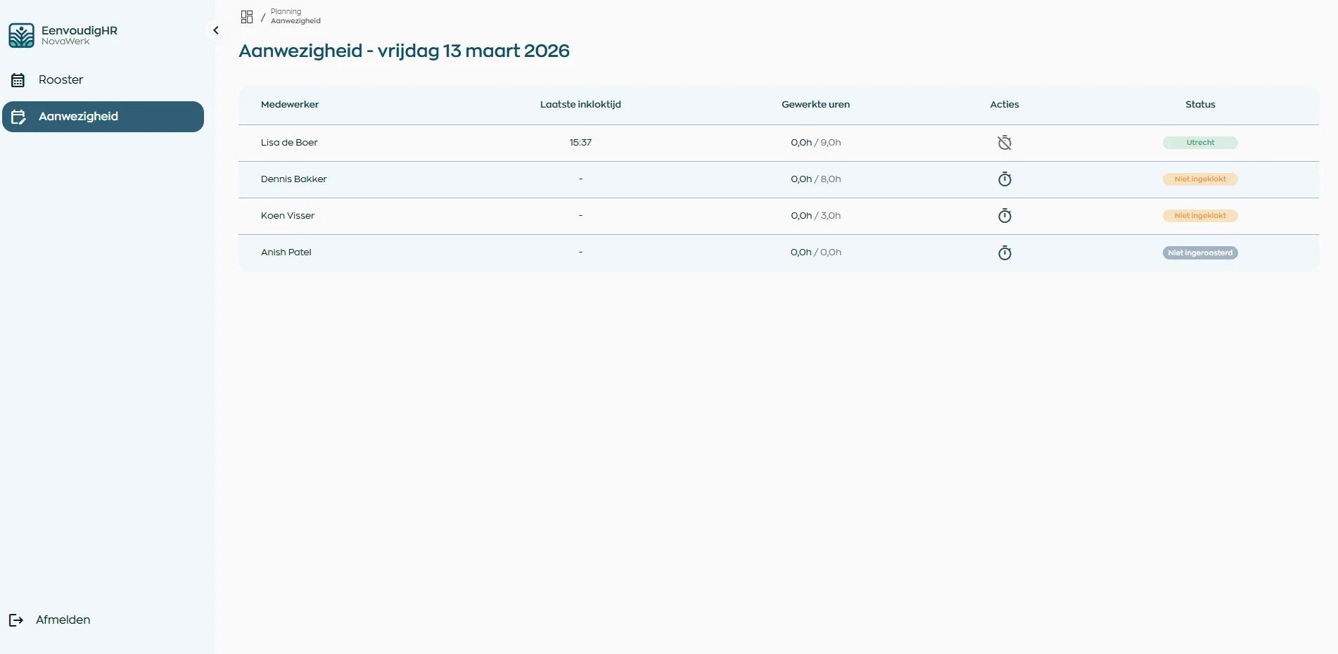 Digitale prikklok en aanwezigheidsoverzicht in EenvoudigHR