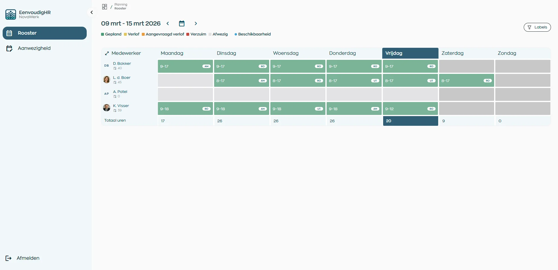Rooster en teams binnen de EenvoudigHR prikklok